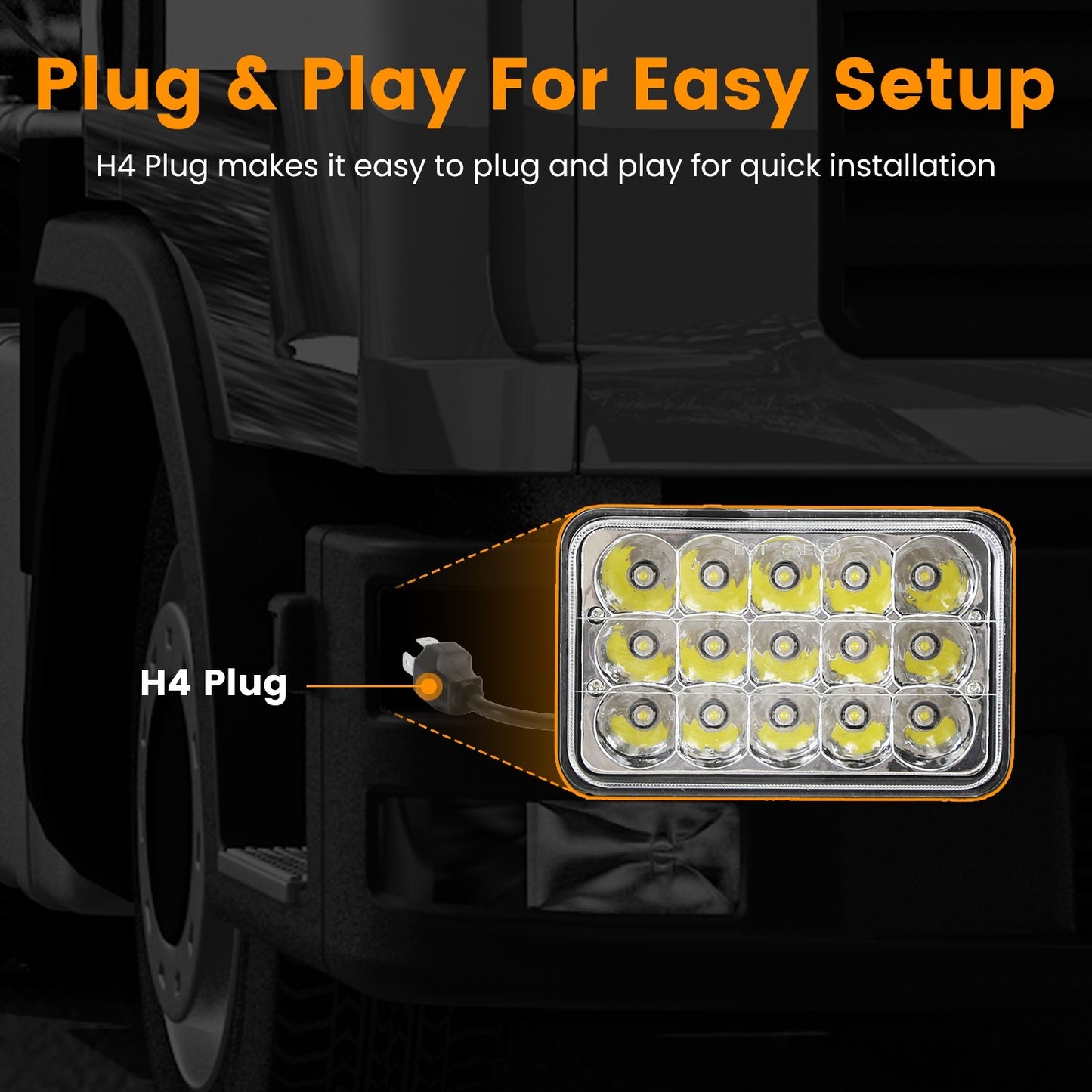 2Pcs 4x6in Car LED Headlights Vehicle Rectangular Headlamp With H4 Socket H4-to-3Pins Adapter With High Low Beam White Light IP68 Waterproof For 10-80V SUV Truck Sedan Car Motorcycle