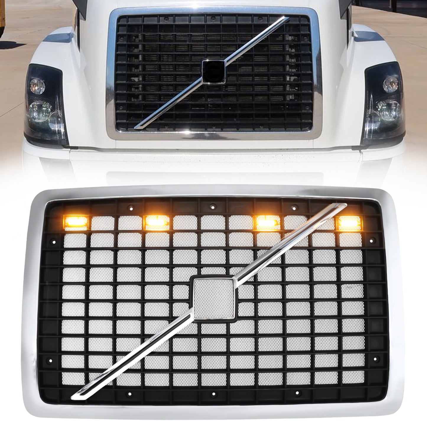 For 2004-2017 Volvo VNL Black Chrome Front Grille W, Lights Grill W,BugScreen