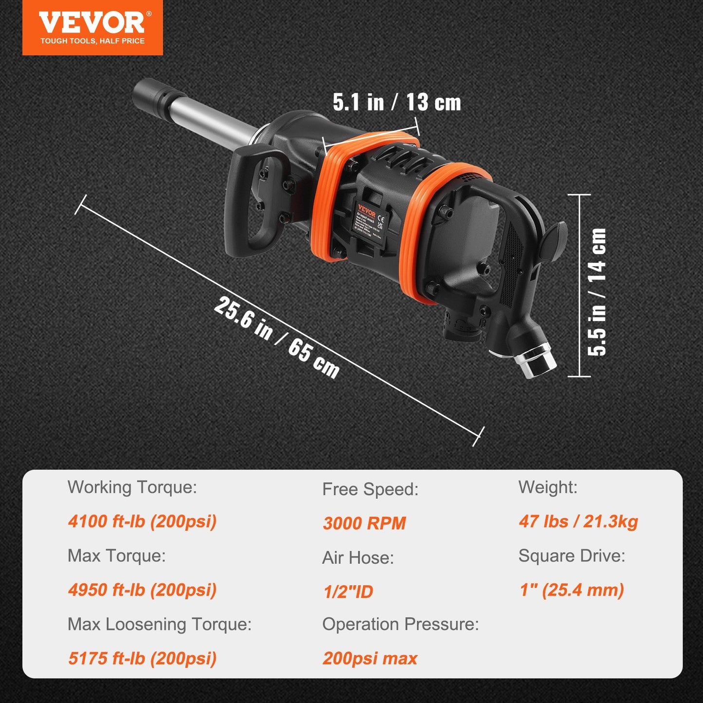 VEVOR 1 Inch Air Impact Wrench, Up To 5175 Ft-lbs Beast Reverse Torque Output Pneumatic Impact Gun   8 Inch Extended Anvil For Repairs And Maintenance Of Heavy Duty Machinery  Semi-Truck  Bus