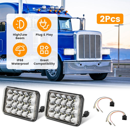 2Pcs 4x6in Car LED Headlights Vehicle Rectangular Headlamp With H4 Socket H4-to-3Pins Adapter With High Low Beam White Light IP68 Waterproof For 10-80V SUV Truck Sedan Car Motorcycle