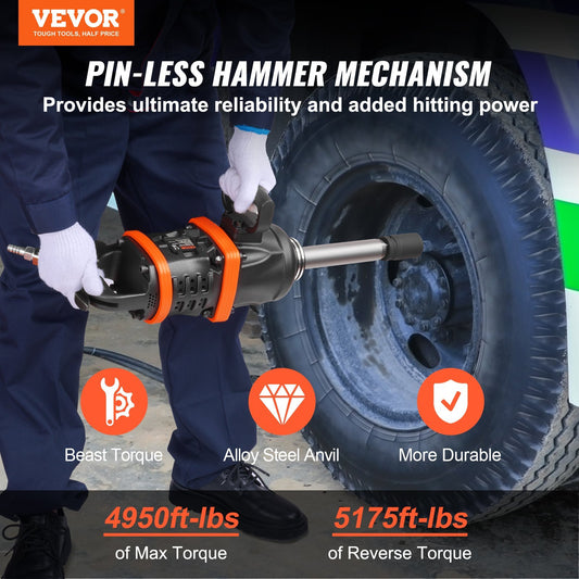 VEVOR 1 Inch Air Impact Wrench, Up To 5175 Ft-lbs Beast Reverse Torque Output Pneumatic Impact Gun   8 Inch Extended Anvil For Repairs And Maintenance Of Heavy Duty Machinery  Semi-Truck  Bus