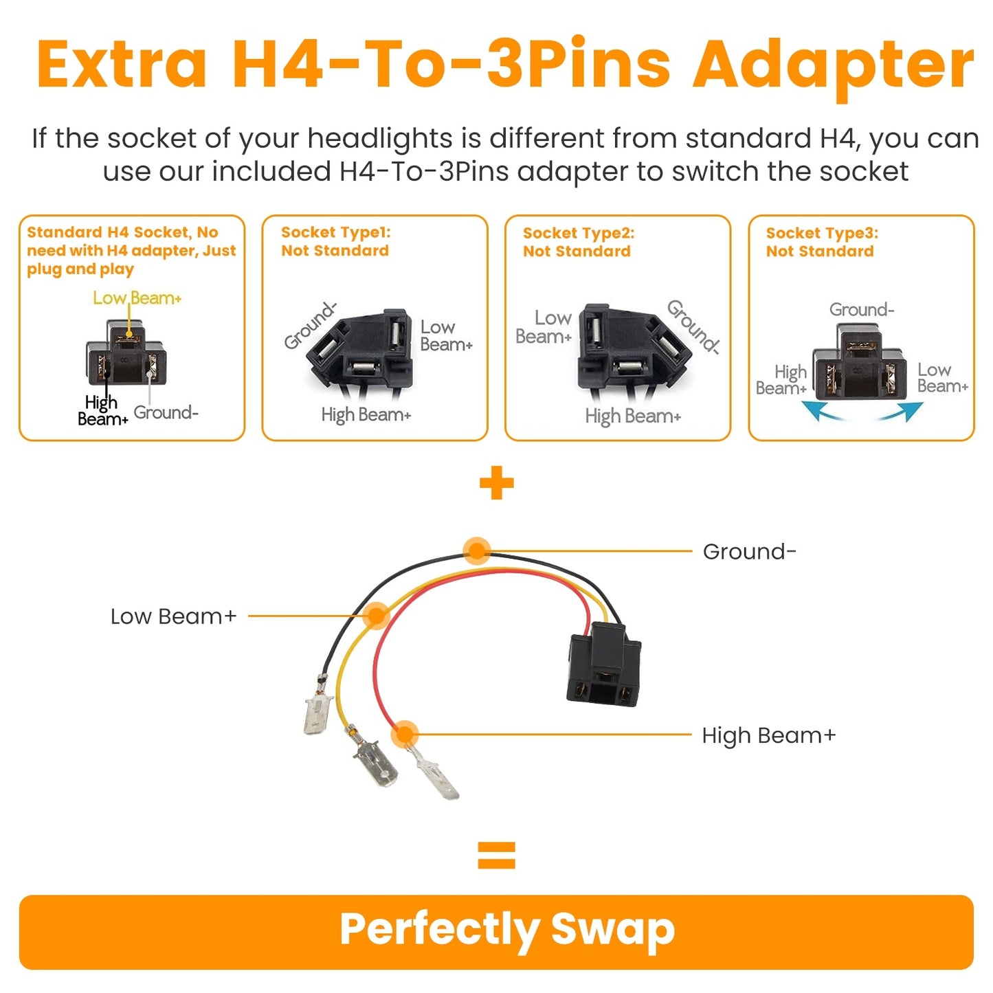 2Pcs 4x6in Car LED Headlights Vehicle Rectangular Headlamp With H4 Socket H4-to-3Pins Adapter With High Low Beam White Light IP68 Waterproof For 10-80V SUV Truck Sedan Car Motorcycle