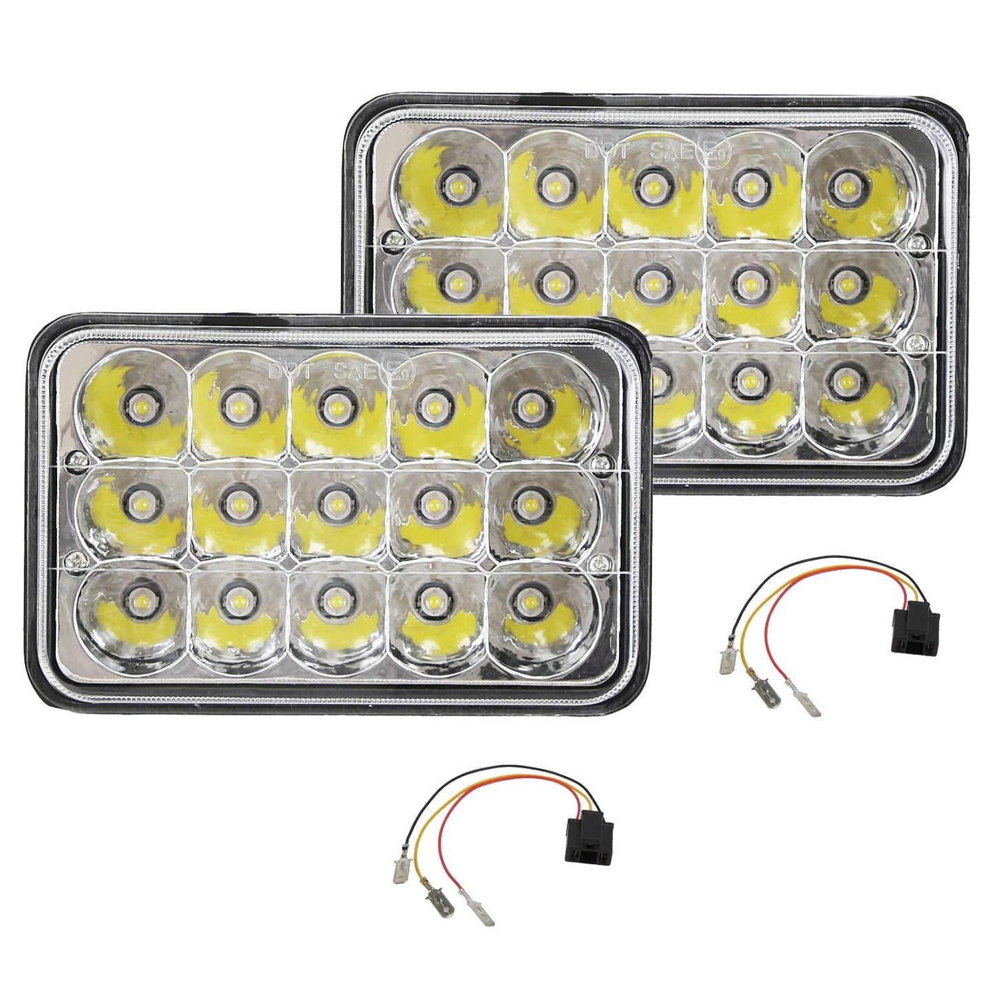 2Pcs 4x6in Car LED Headlights Vehicle Rectangular Headlamp With H4 Socket H4-to-3Pins Adapter With High Low Beam White Light IP68 Waterproof For 10-80V SUV Truck Sedan Car Motorcycle